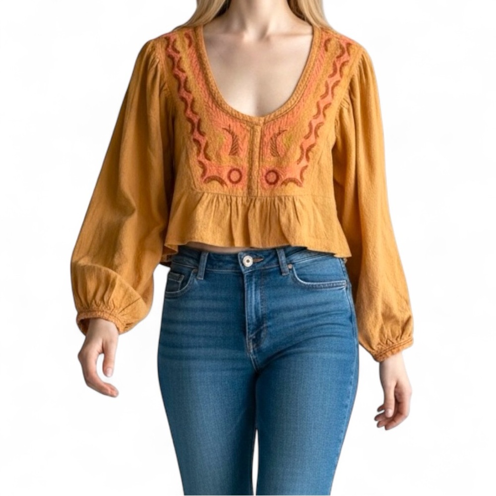 Free People Long Sleeve Cropped Top Embroidered Flowy Size Small NWT NEW